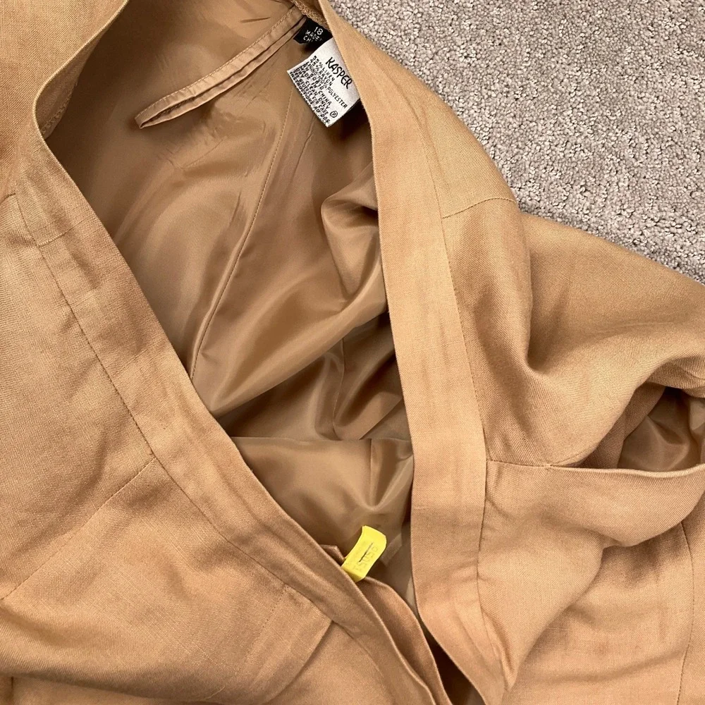 Kasper‎ 3 Pc Pant Suit Women 18 Tan Embroidered Career Lightweight Linen Summer